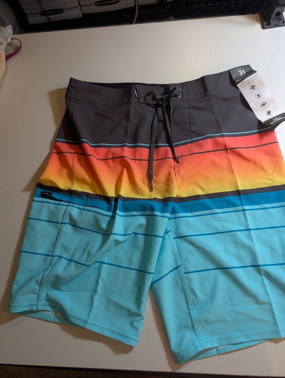 Oneill Mens Size 31 Black & Aqua Striped Hyperfreak Below The Knee Board Shorts